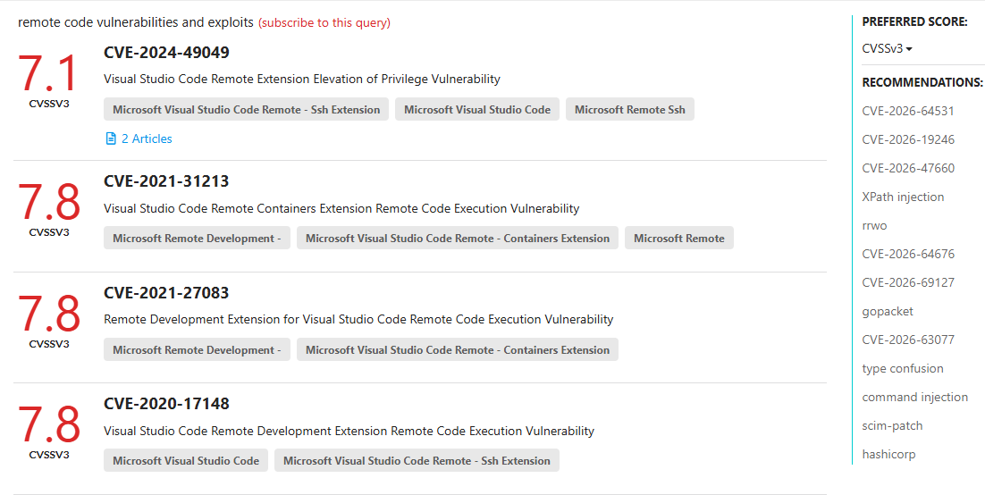Vulmon Search — vulnerability search results screenshot